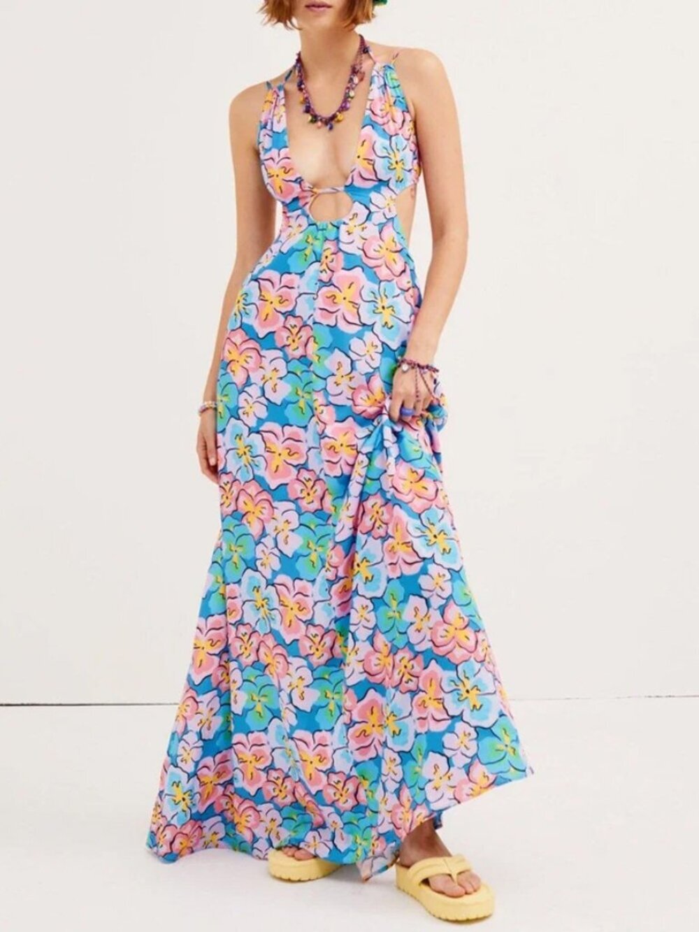 For Love & Lemons Yasmin Blue Floral Open Back Maxi Dress Size L